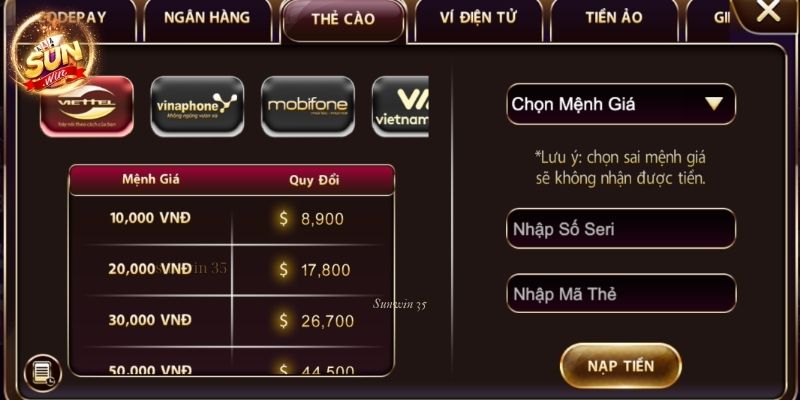 Nạp tiền Sunwin bằng thẻ cào điện thoại